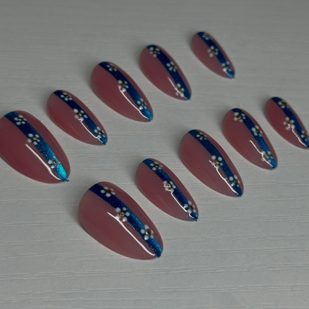Pink and Blue Floral Press-On Nails